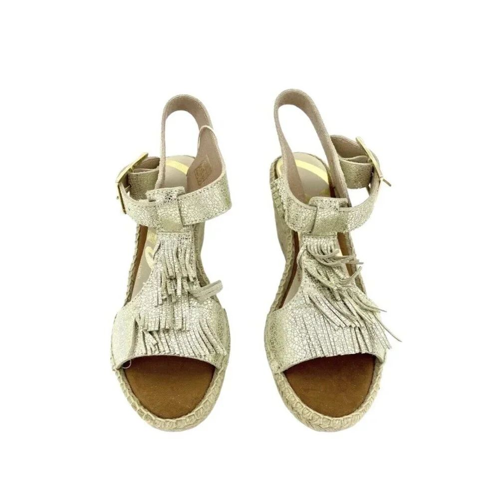 Cuple Gold Leather Espadrille Sandals Metallic Wedge Fringe SZ 37 EU 6.5 US NIB